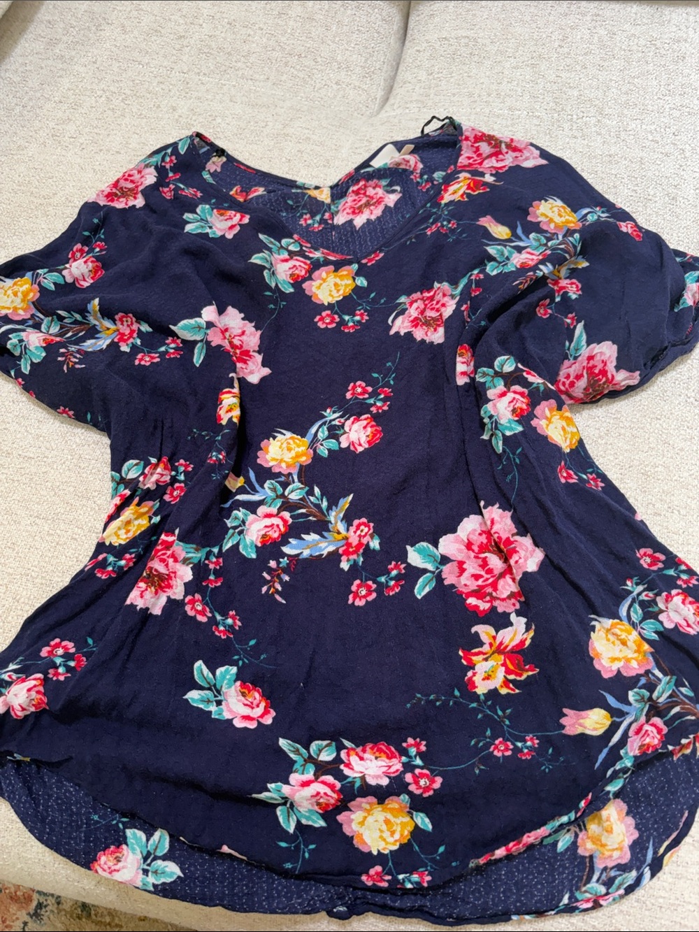 Kaileigh Navy Floral V-Neck Blouse with Pink and Yellow Blooms